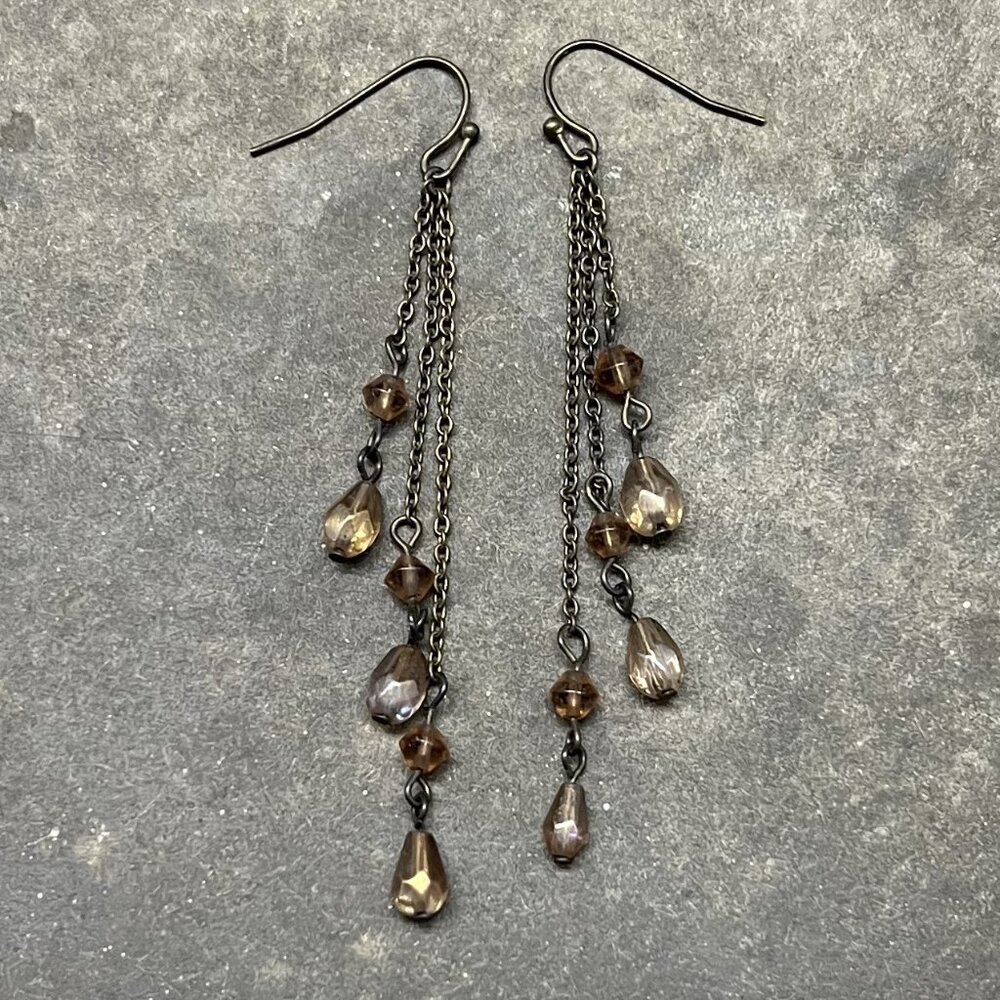 Vtg Light Brown/Amber Jeweled 3-Strand Lightweight Chandelier Fishhook Earrings